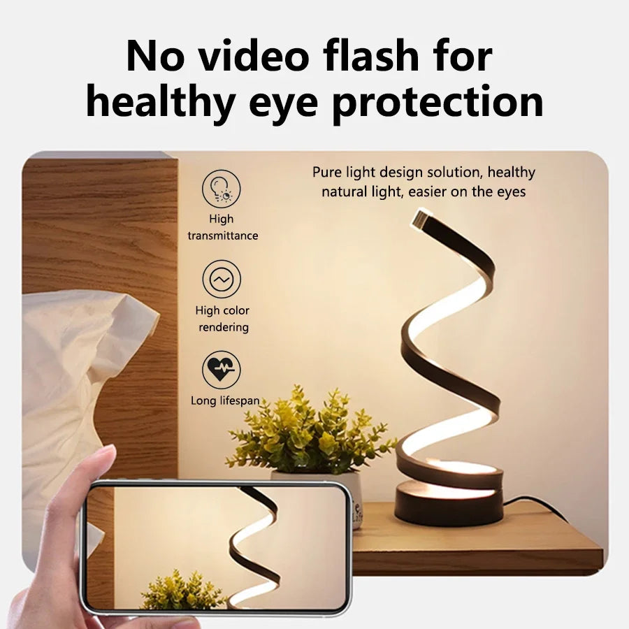 USB Plug-In Spiral LED Night Light – Dimmable 3-Color Adjustable Bedside Desk Lamp for Bedroom, Living Room, Office