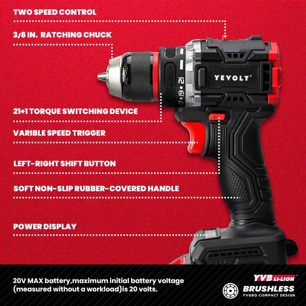 20V Brushless Cordless Drill Driver, Compact 21+1 Torque Keyless 3/8\" (0.8–10mm) Handheld Screwdriver with LED