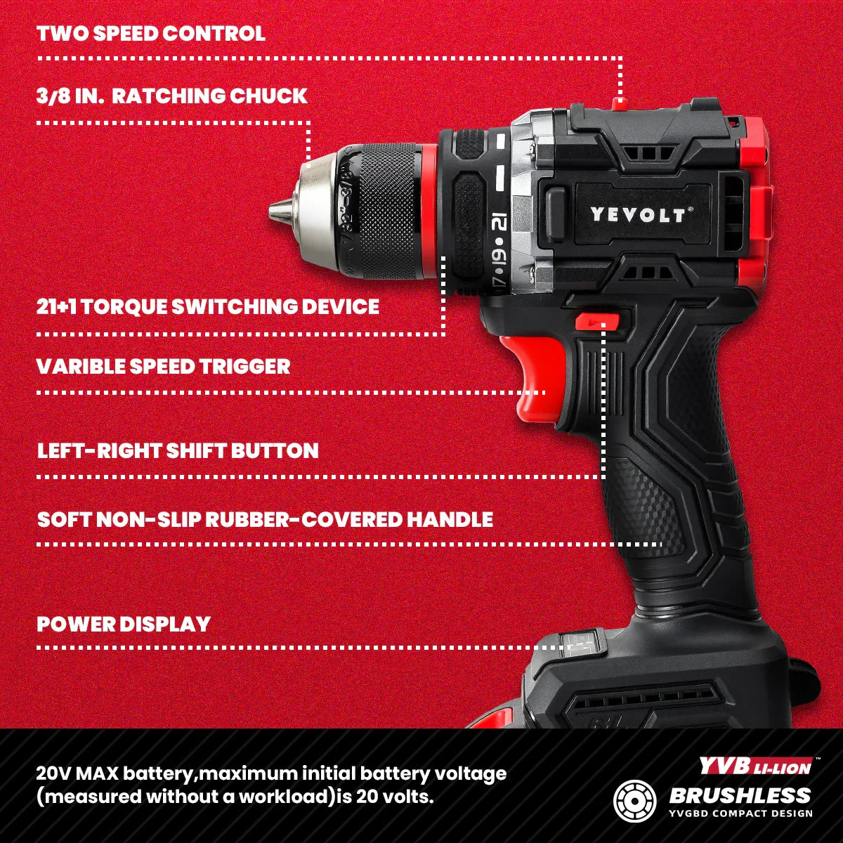20V Brushless Cordless Drill Driver, Compact 21+1 Torque Keyless 3/8\" (0.8–10mm) Handheld Screwdriver with LED
