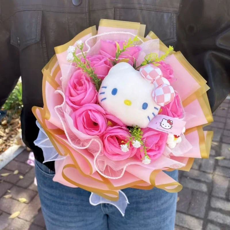 Kawaii Cat Plush Bouquet with Artificial Flowers — Cute Plush Doll Gift for Her, Valentine, Birthday, Graduation
