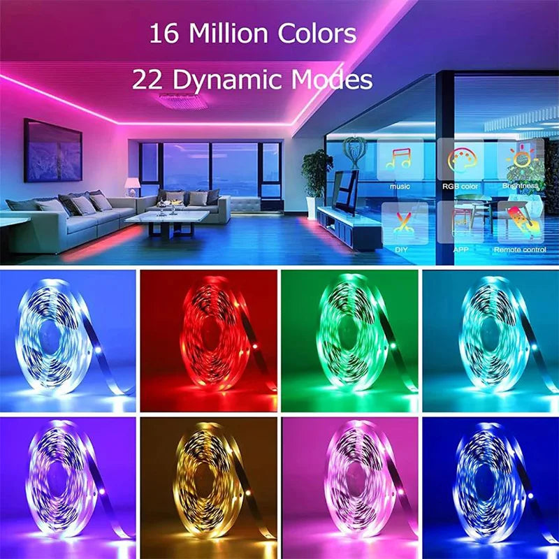 RGB LED Strip Lights 5–40m (16–131 ft) Music Sync Smart App & Remote SMD5050 TV Backlight 24V IP20