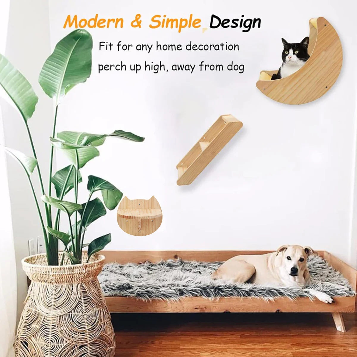 Moon-Shaped Wall-Mounted Cat Shelf & Hammock - Solid Pine Wood Climbing Shelves with Ladder Perches for Indoor Cats