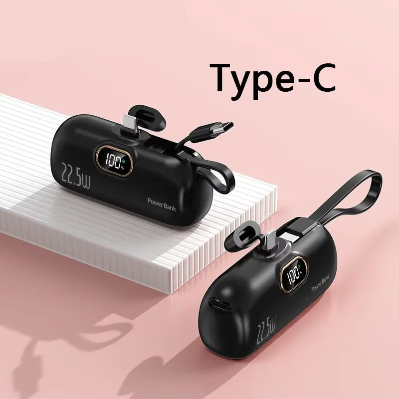 50000mAh Mini Capsule Power Bank 22.5W Fast Charging Portable External Battery with Built-in Cables & Digital Display Compatible with iPhone Huawei Samsung