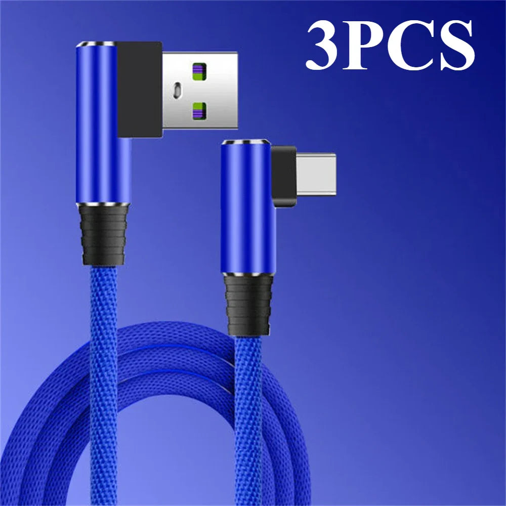 40W 5A USB-A to USB-C Fast Charging Braided Right-Angle Cable — 90° Data & Phone Charger for iOS and Android Smartphones