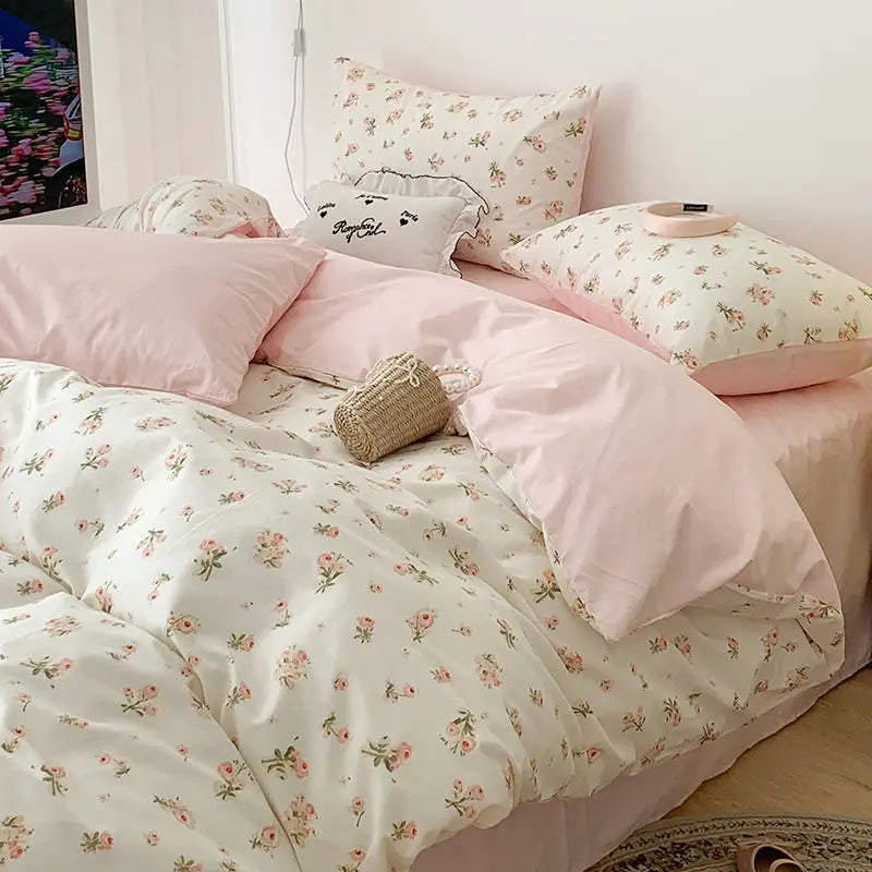 Pink Floral Brushed Microfiber Bedding Set Duvet Cover, Flat Sheet & Pillowcases (Twin/Full/Queen/King)