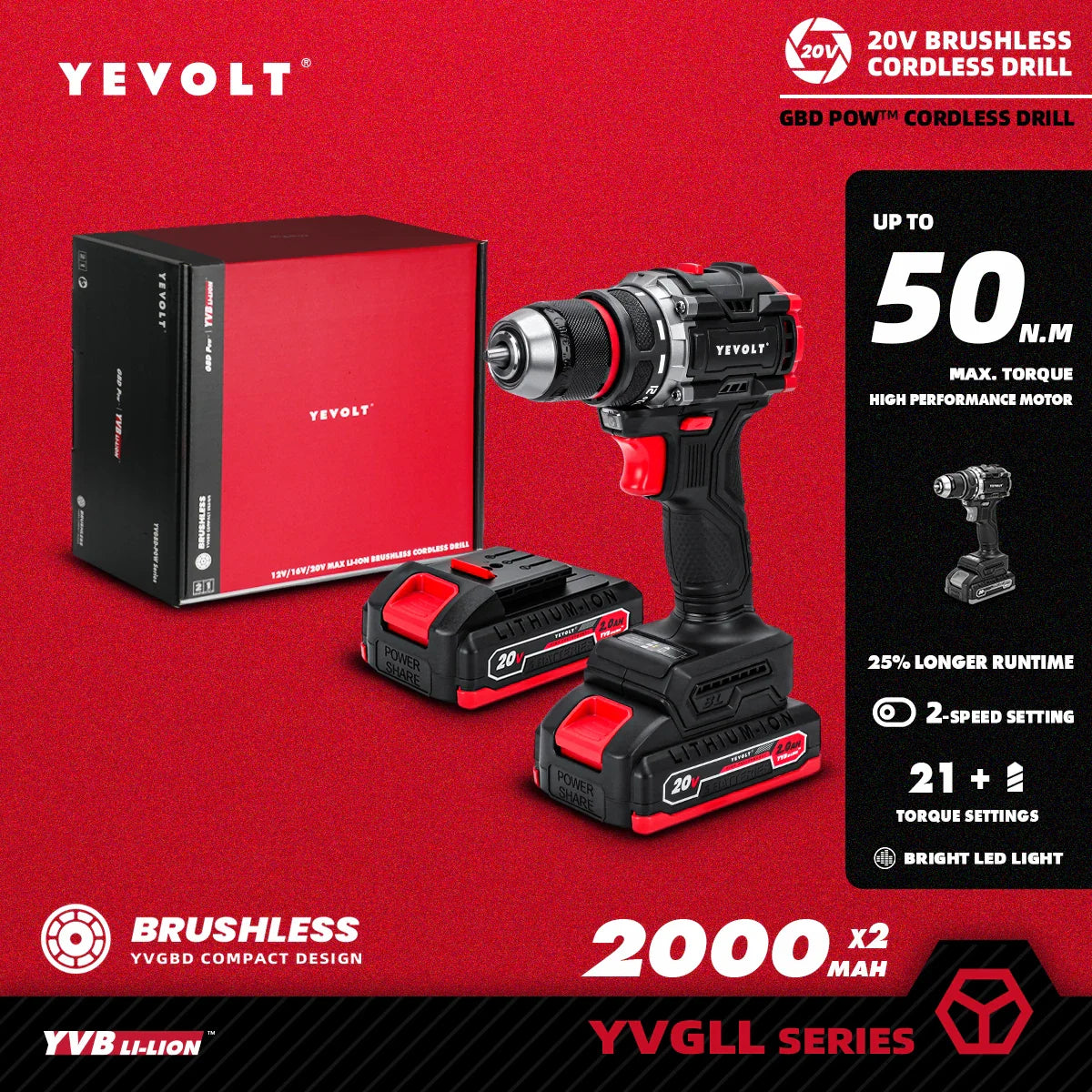 20V Brushless Cordless Drill Driver, Compact 21+1 Torque Keyless 3/8\" (0.8–10mm) Handheld Screwdriver with LED
