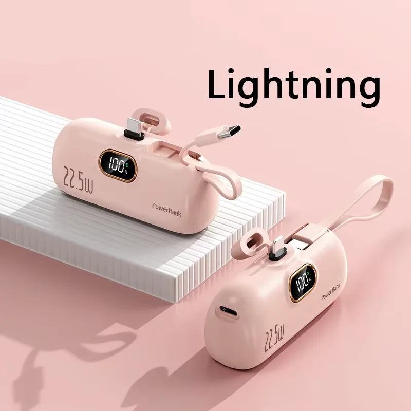 50000mAh Mini Capsule Power Bank 22.5W Fast Charging Portable External Battery with Built-in Cables & Digital Display Compatible with iPhone Huawei Samsung