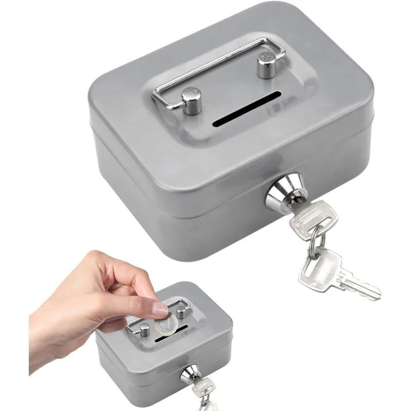 Portable Lockable Metal Cash Box with Key - Small Piggy Money Safe for Kids