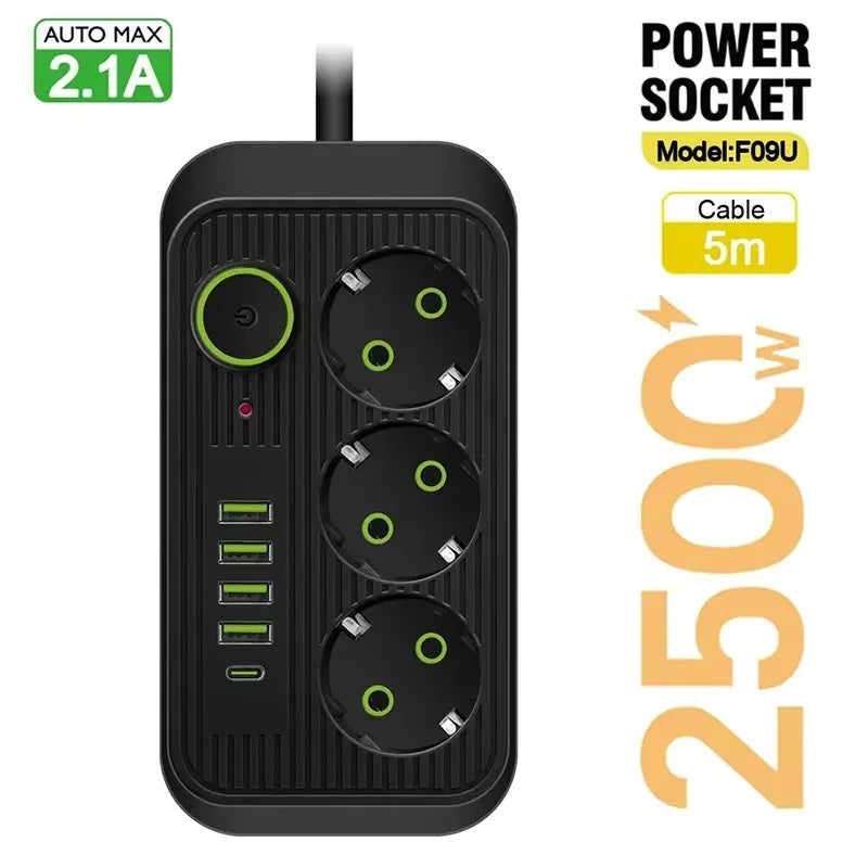 EU Power Strip 8 Outlets, 4 USB Fast Charging Ports, Overload Protection Extension Cord — 2m / 5m