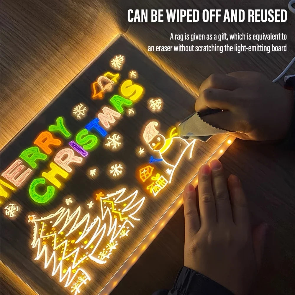 LED Acrylic Message Board Night Light with 7 Color Pens - Erasable DIY Neon Note and Drawing Board for Kids