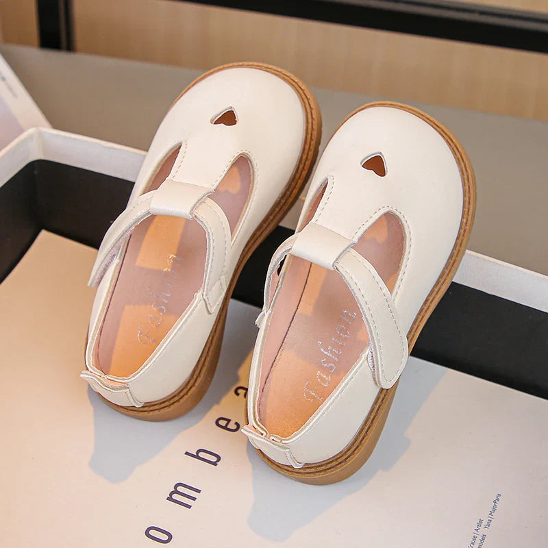 Girls Princess PU Leather T-Strap Flats with Heart Cut-Outs Cute Toddler & Kids Dress Shoes for Spring Autumn