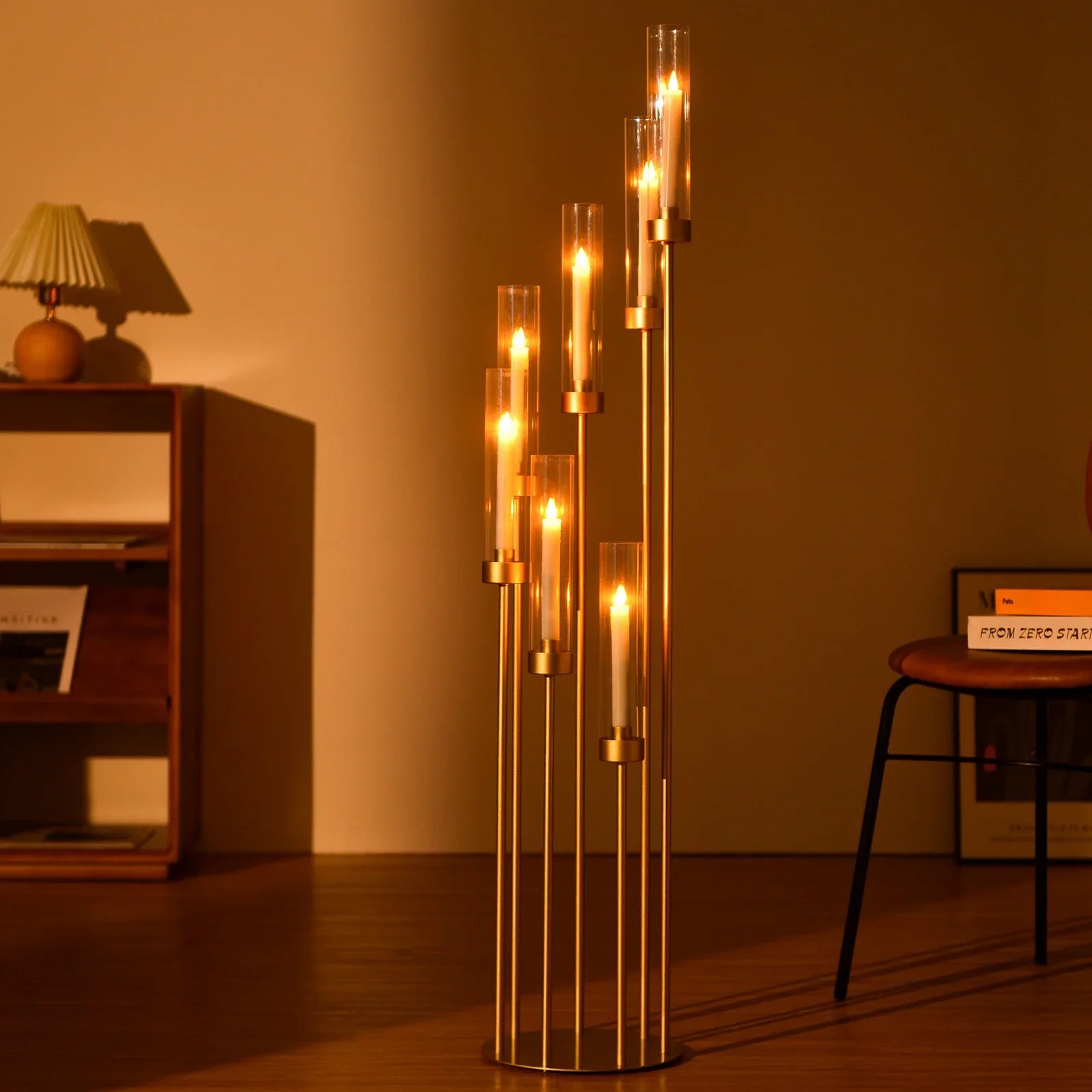 4-Pack 7-Arm Gold Floor Candelabra, 48 in (122 cm) Tall Metal Wedding Centerpiece with Removable Acrylic Shades