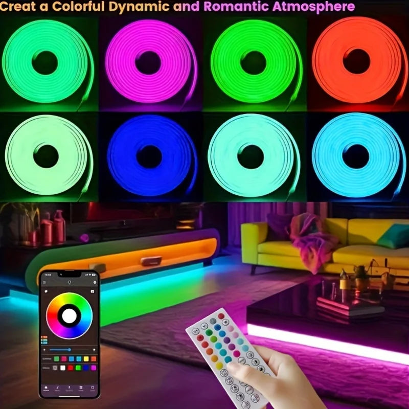 24V RGB LED Neon Strip Light – 5m/16.4ft, 10m/32.8ft, 15m/49.2ft, 20m/65.6ft, 30m/98.4ft | Bluetooth App & 24/44-Key Remote, Music Sync, 60 LED/m, IP67 Waterproof