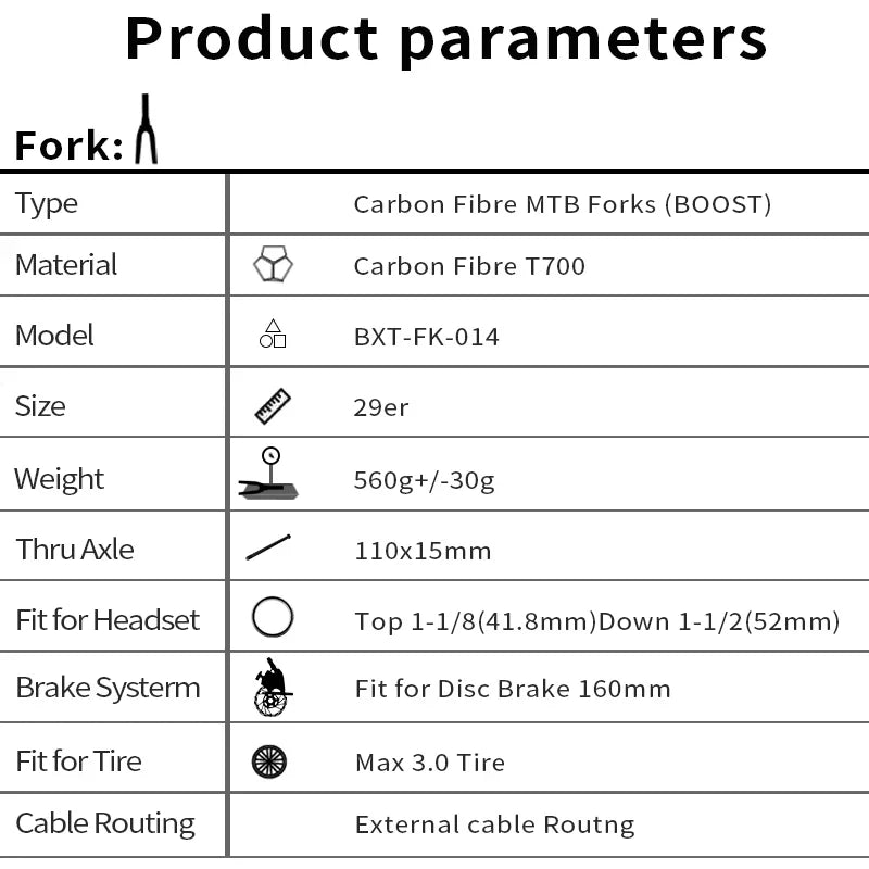 Full Carbon Boost MTB Fork 110x15mm Thru-Axle for 29er Tapered 1-1/8 to 1-1/2 Disc Brake Rigid Fork