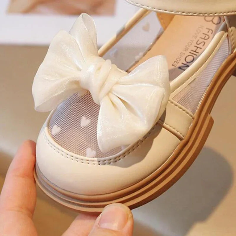 Girls Princess Bow Lace Dress Flats - PU Leather Kids Wedding Shoes Sizes 23-35 (Insole 14.6–21.5 cm | 5.75–8.46 in)