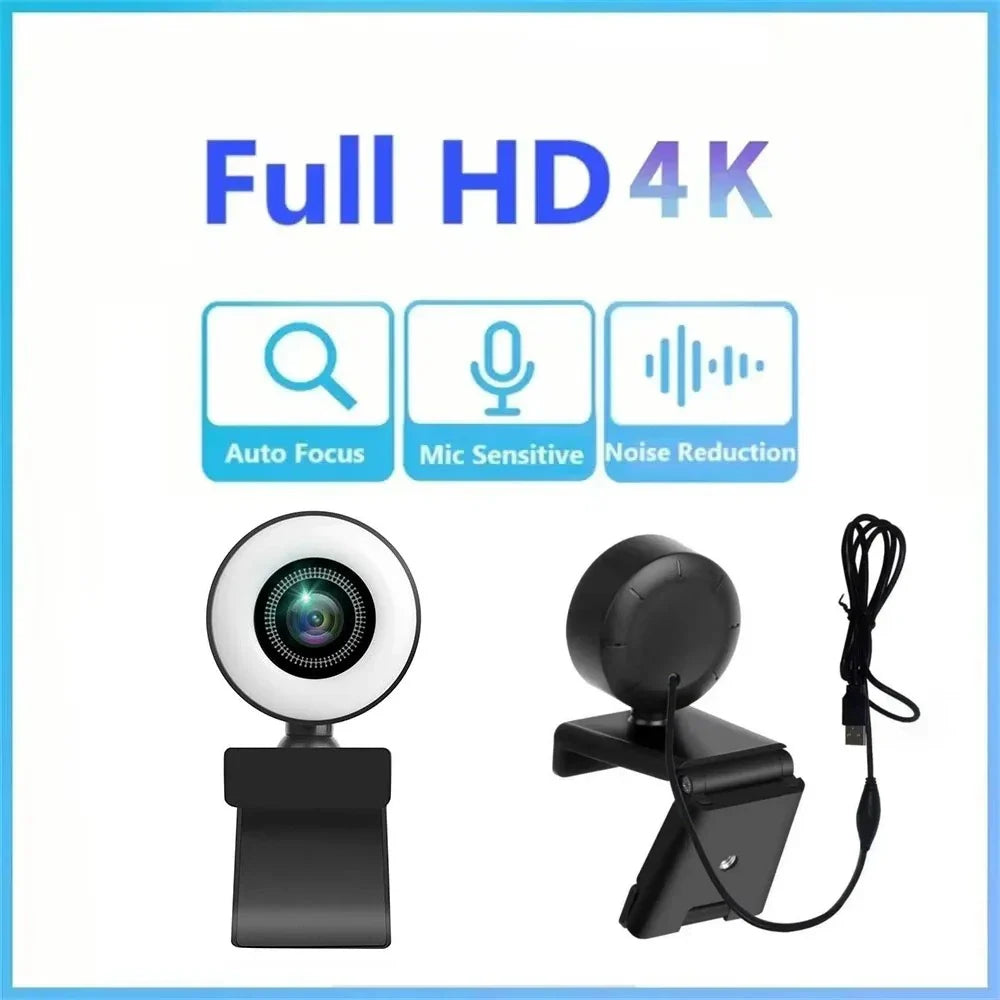 4K USB Webcam (8MP) 1080P/720P Auto-Focus Laptop Camera with Noise-Reduction Mic, Adjustable Clip & Light Control for Live Streaming