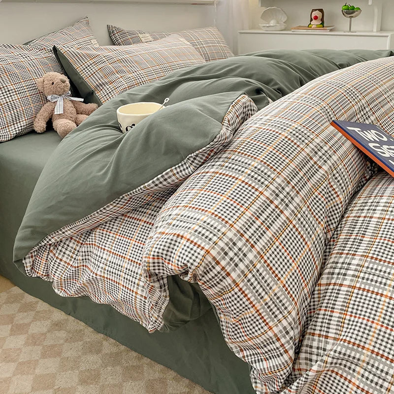 Nordic Plaid Washed Cotton Bedding Set - Duvet Cover + Pillowcases & Flat Sheet - Twin/Full/Queen/King
