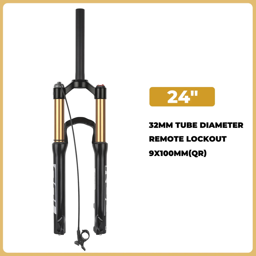 Air & Oil Suspension Fork for 20-inch / 24-inch Bikes, Alloy Upper & Magnesium Lower, Remote Lockout, 100–135 mm (3.9–5.3 in) Travel