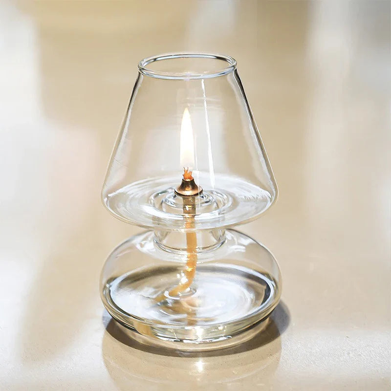 Hand-Blown Clear Glass Oil Lamp Lantern – Windproof Candle Holder for Home, Wedding & Patio