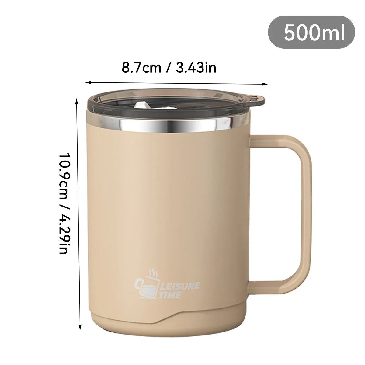 500ml (16.9oz) 304 Stainless Steel Double-Layer Insulated Travel Mug with Handle, Sealed Vacuum Flask
