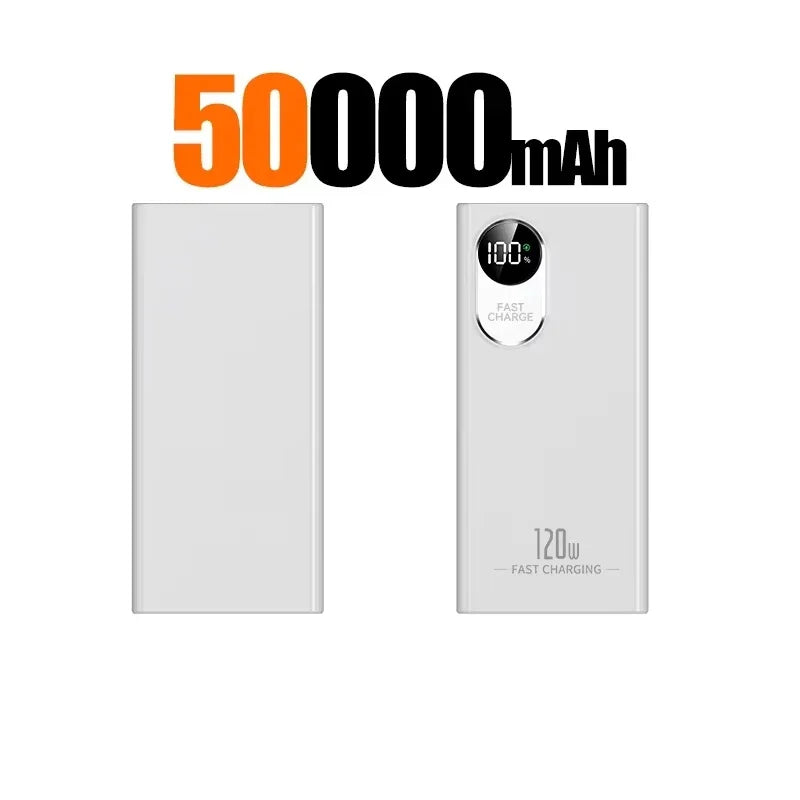 50000mAh 120W Portable Power Bank with Digital Display, Built-in Cables & Wireless Charging — Fast USB-C & Lightning