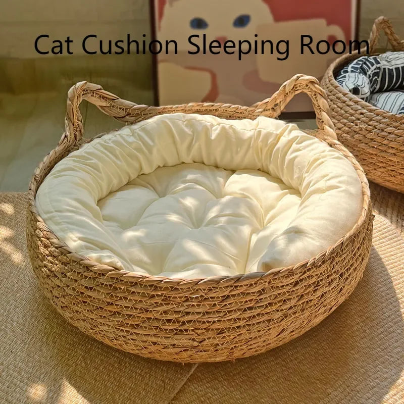 Handmade Vine-Woven Cat Nest Bed with Detachable Washable Pad, Four-Seasons Natural Straw Pet Bed