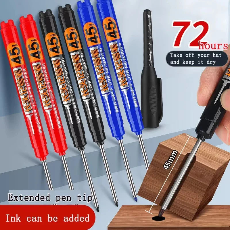 10-Pack 45mm Waterproof Permanent Marker Pens – Long-Head Quick-Dry for Woodworking & Construction, Deep-Hole Marking, Non-Toxic Black Red Blue