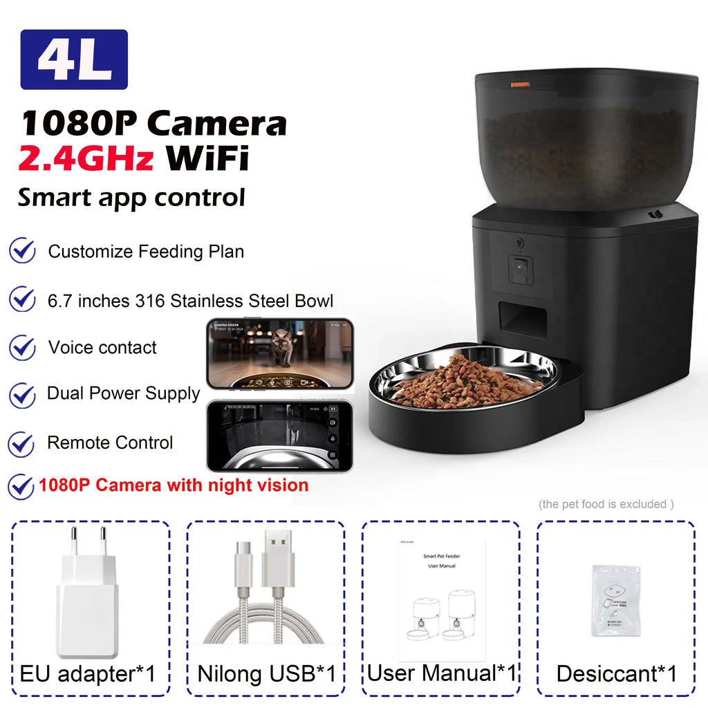 Smart 4L Automatic Pet Feeder with 1080P Camera & Night Vision, App-Controlled Voice Recorder Remote Feeding for Cats & Dogs