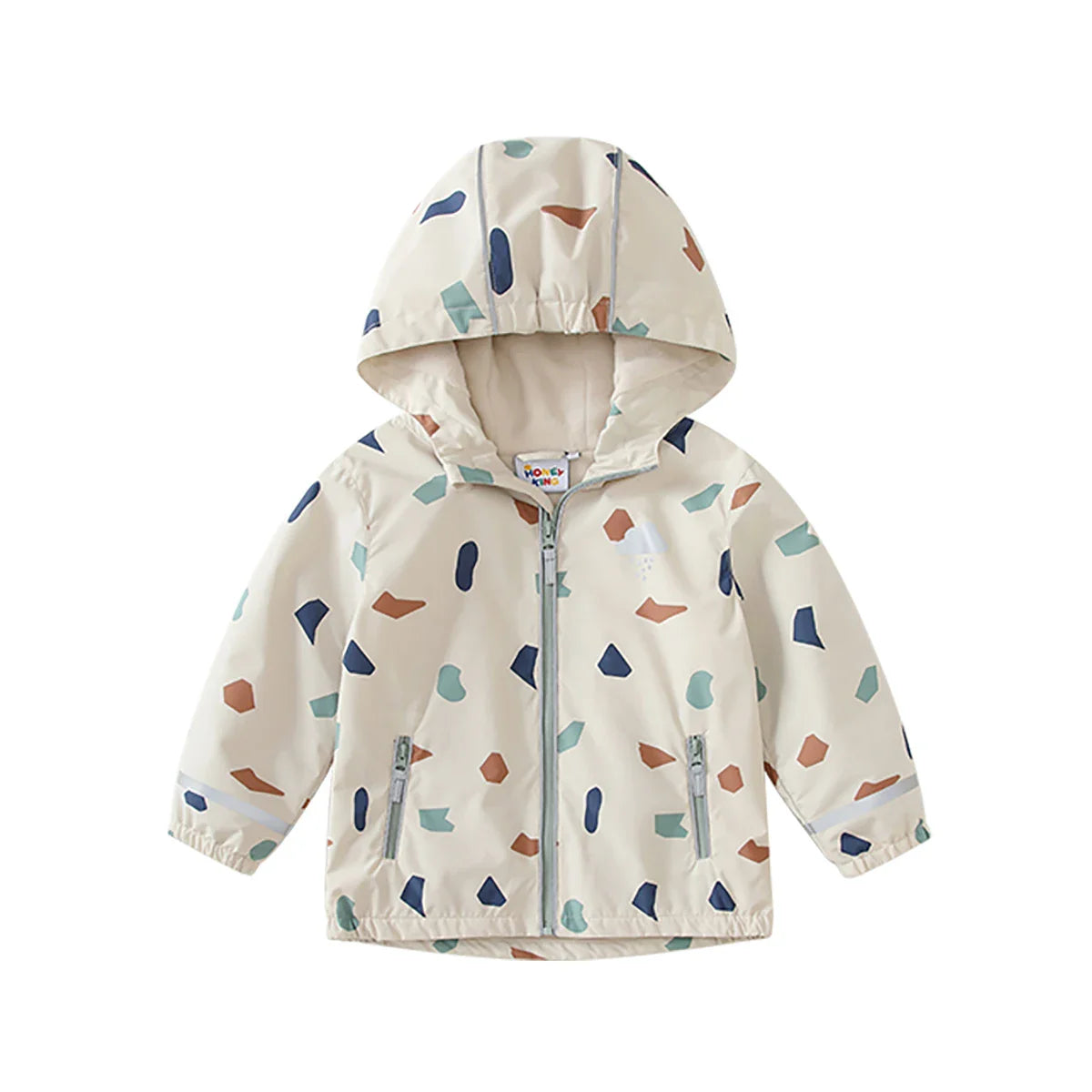 Waterproof Hooded Softshell Jacket for Kids – Fleece-Lined Unisex Rain Coat with Cartoon Print, Cotton-Polyester, Ages 7–12 Years