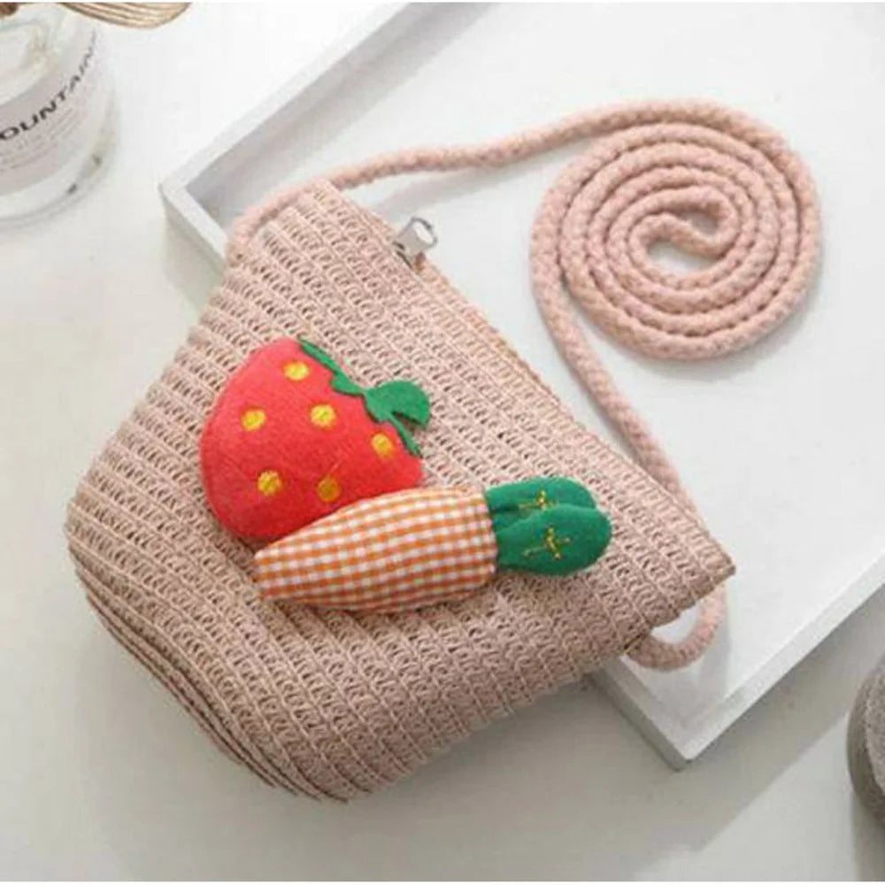 Kids Mini Woven Natural Straw Crossbody Bag for Girls Cute Shoulder Purse