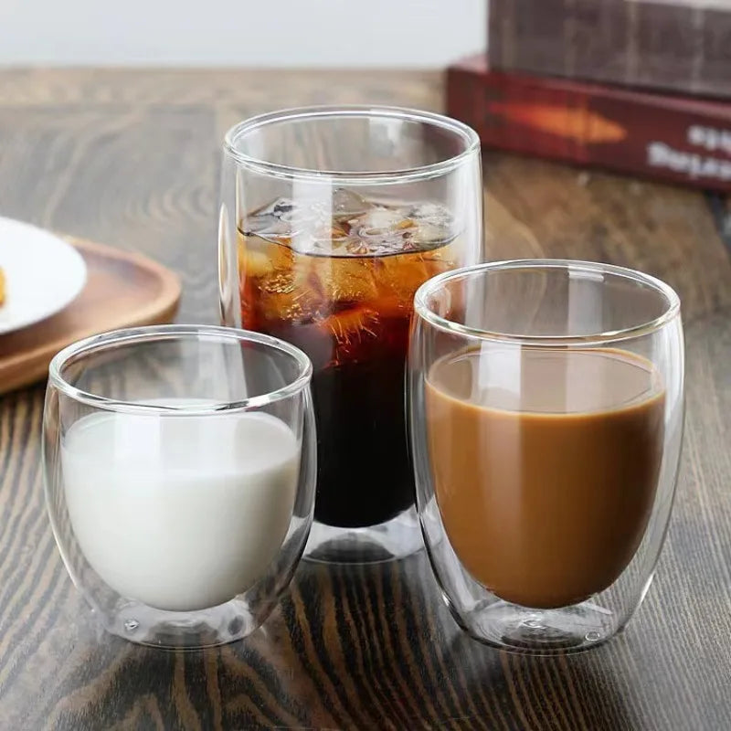 Clear Double Wall Insulated Glass Cups — 5 Sizes | Coffee, Espresso, Tea, Beer & Whiskey Mugs