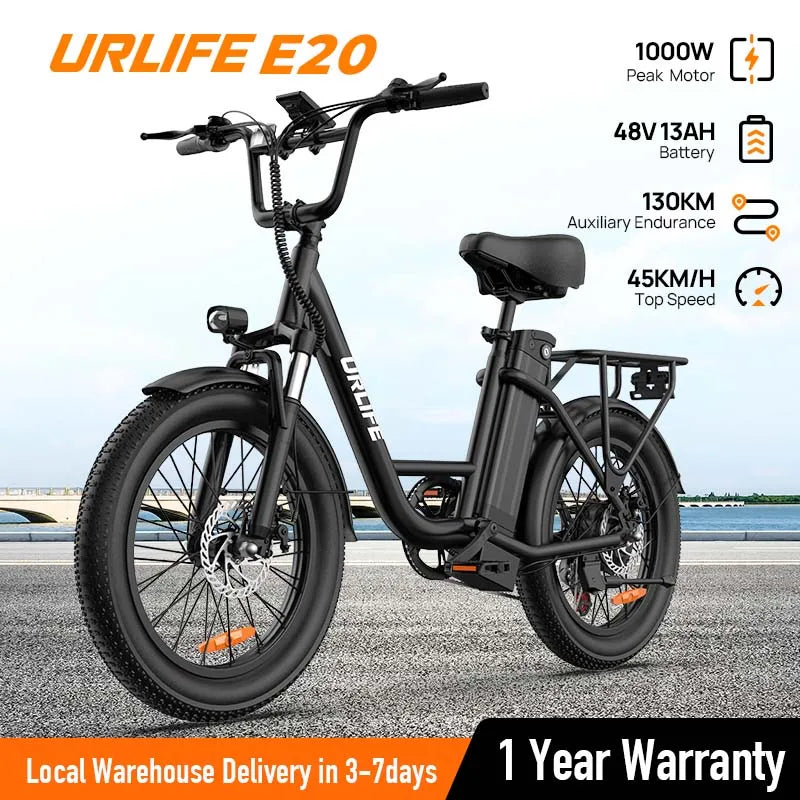 1000W Electric Fat Tire E-Bike 48V 13Ah Removable Battery, 20"x3" (50.8x7.6 cm), 7-Speed, Dual Disc Brakes, Up to 60+ km Range