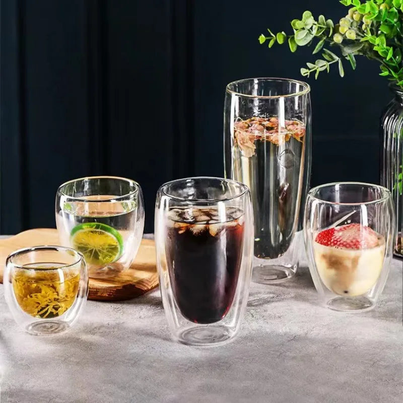 Clear Double Wall Insulated Glass Cups — 5 Sizes | Coffee, Espresso, Tea, Beer & Whiskey Mugs