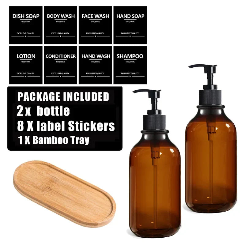 500ml (16.9 fl oz) Amber Refillable Pump Bottle Set with Black Label Stickers - Shampoo, Shower Gel & Liquid Soap Dispensers for Bathroom & Kitchen