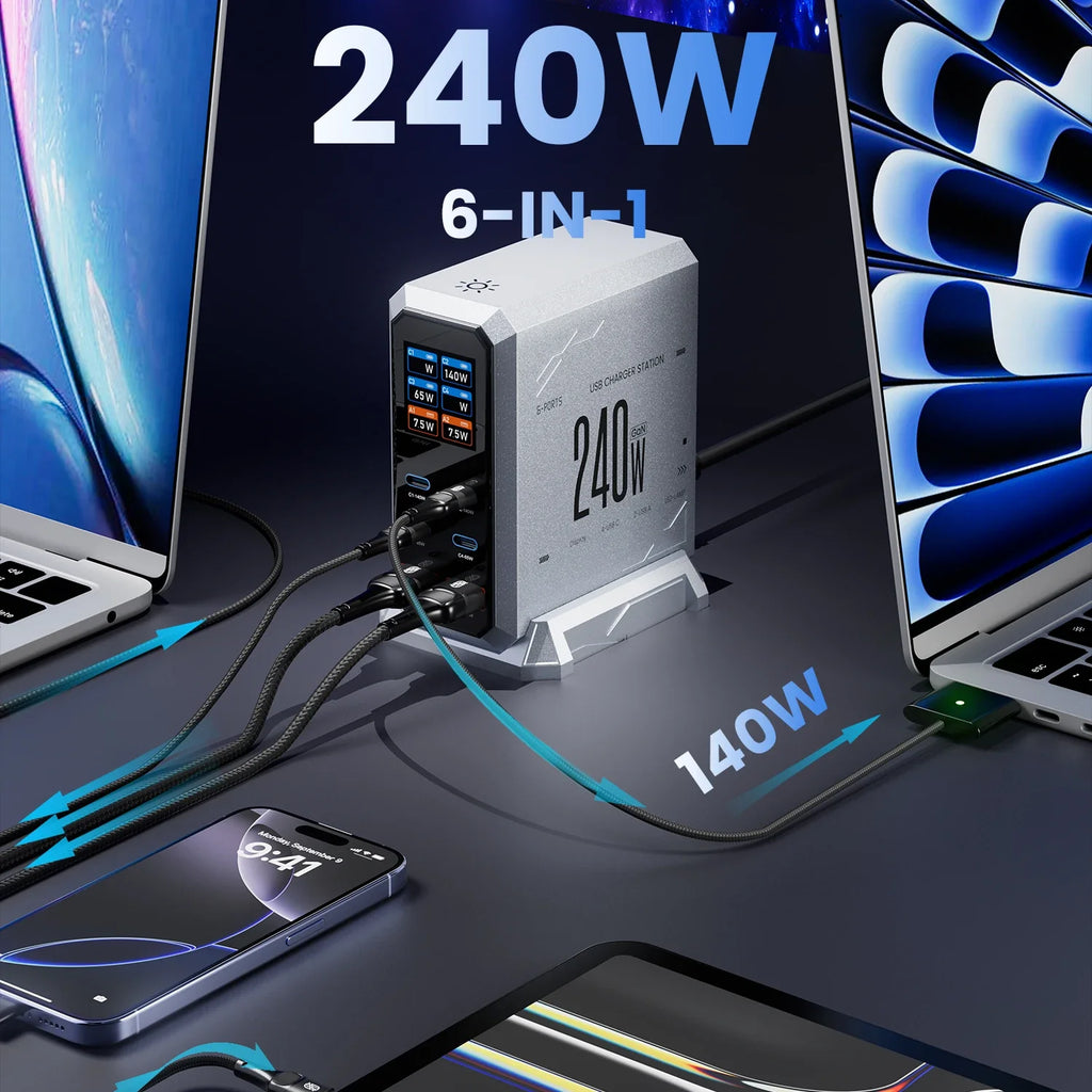 240W GaN 6-Port Fast Charger PD 3.1 - 140W USB-C PD PPS Desktop Charging Station (4 USB-C, 2 USB-A) for Laptops, Phones & Tablets