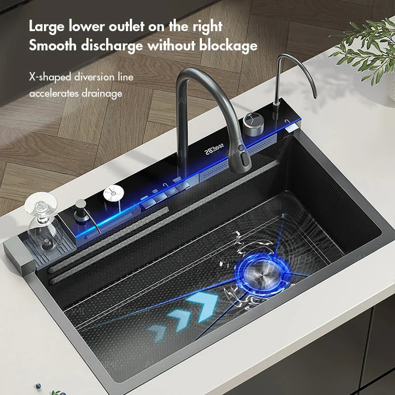 304 Stainless Steel Undermount Kitchen Sink Single Bowl 75 x 45 cm (29.5 x 17.7 in) Brushed Finish with Waterfall Faucet, Digital Display and Soap Dispenser