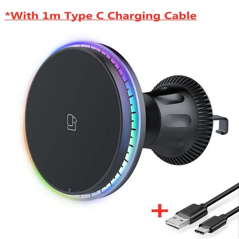 30W Magnetic Car Wireless Charger Vent Mount with RGB LED Light Fast MagSafe-Compatible Phone Holder