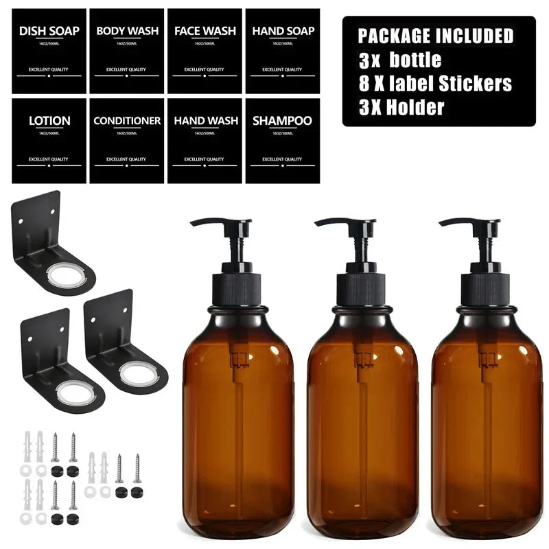 500ml (16.9 fl oz) Amber Refillable Pump Bottle Set with Black Label Stickers - Shampoo, Shower Gel & Liquid Soap Dispensers for Bathroom & Kitchen