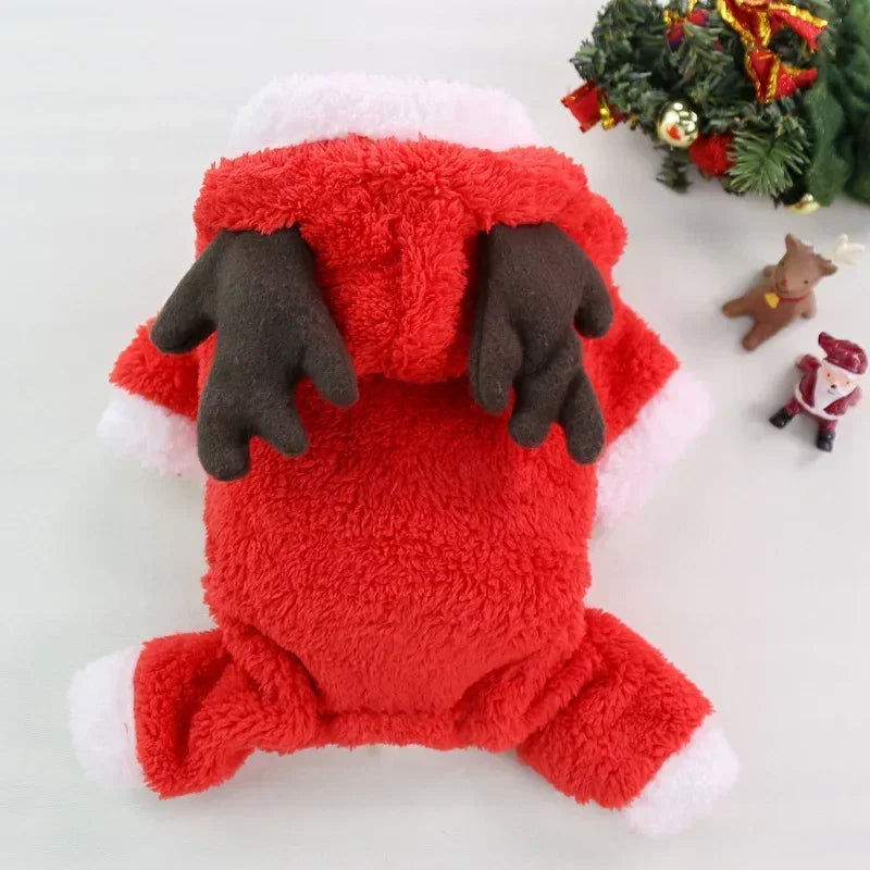 Christmas Dog Hoodie Reindeer & Santa Fleece Coat Winter Warm Pet Jacket for Small to Medium Dogs XS-2XL