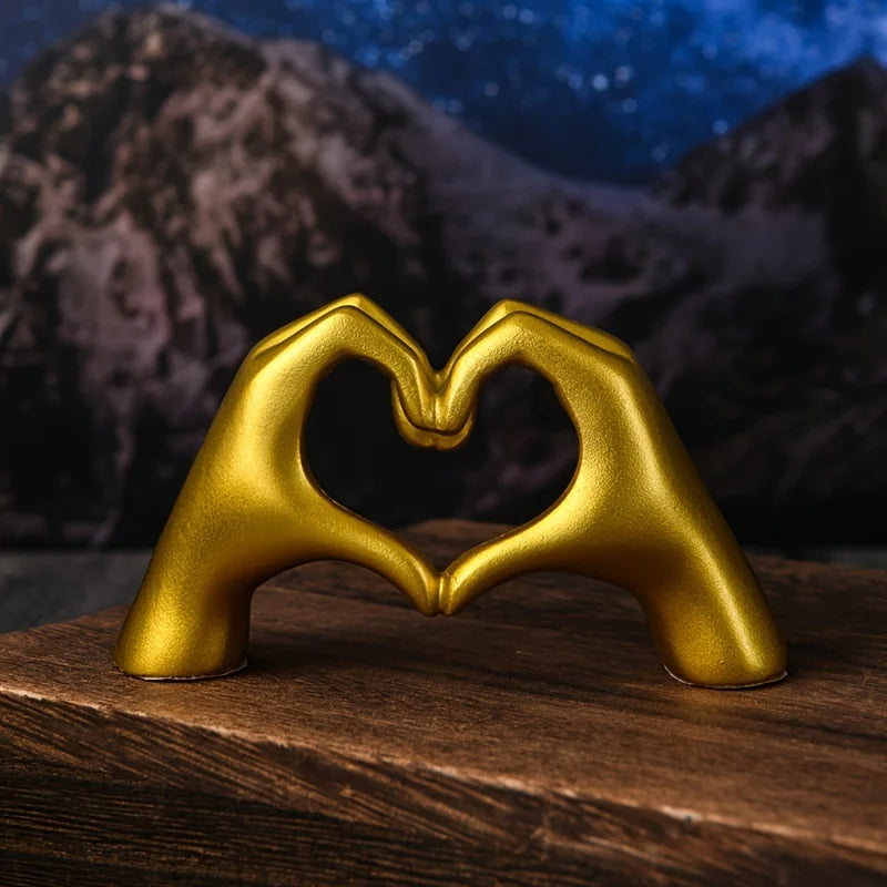 Gold Heart Hand Sculpture - Resin Love Gesture Statue for Shelf, Living Room & Bedroom