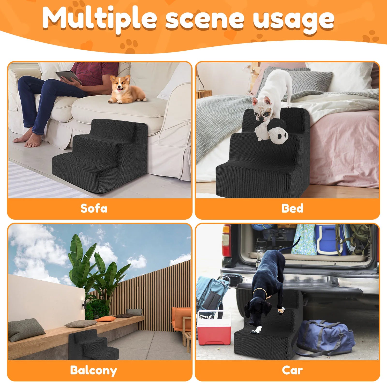 3-Step Pet Stairs for Small & Medium Dogs and Cats — 34 x 40 x 30 cm (13.4 x 15.7 x 11.8 in) High-Density Foam, Non-Slip, Removable Washable Cover