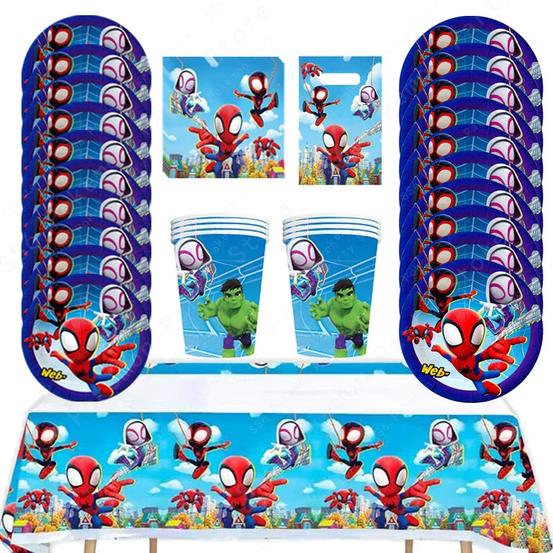 Spiderman Kids Birthday Party Supplies - Disposable Tableware Set with Plates, Cups, Napkins & Favor Bags