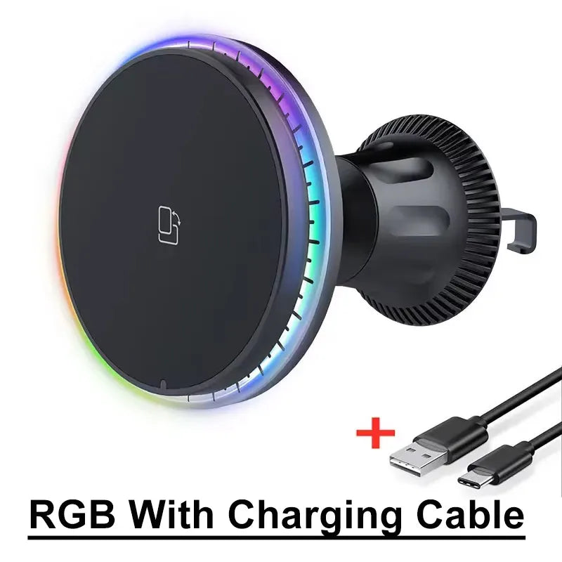 30W Magnetic Car Wireless Charger Vent Mount with RGB LED Light Fast MagSafe-Compatible Phone Holder