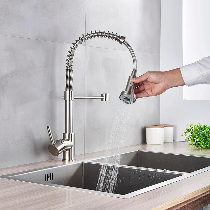 Brushed Nickel Pull-Out Kitchen Faucet — Deck-Mounted Single-Handle 360° Rotating Sprayer, Hot & Cold