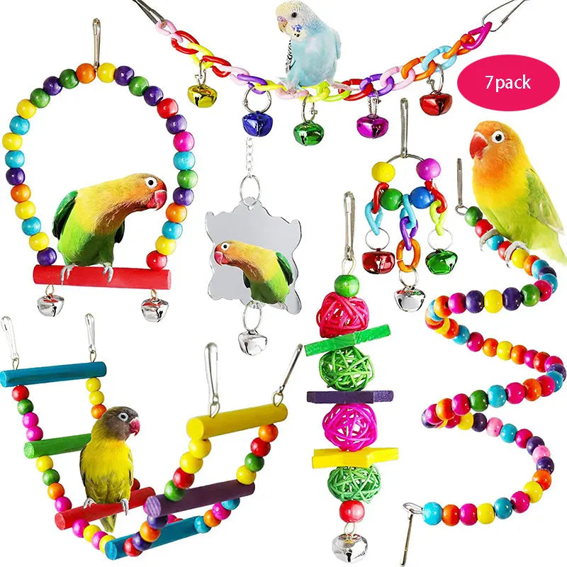 7-Piece Wooden Parrot Toy Set - Bird Cage Accessories: Swing, Ladder, Bridge and Bells