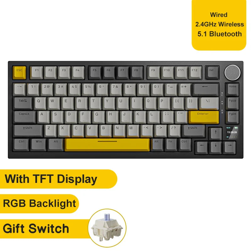 75% 82‑Key Hot‑Swappable Mechanical Gaming Keyboard — Tri‑Mode Wired/2.4GHz/Bluetooth, RGB, TFT Screen, Metal Volume Knob, USB Type‑C