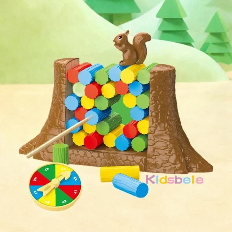 Kids Balance Tower Stacking Game - Squirrel Rescue Block Puzzle with Roulette Spinner, Family Party Game