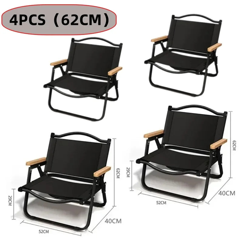 Khaki Folding Camping Chair with Beech Wood Armrests – 600D Oxford Fabric, Steel Frame – Portable Outdoor Chair (1/2/4-Pack)