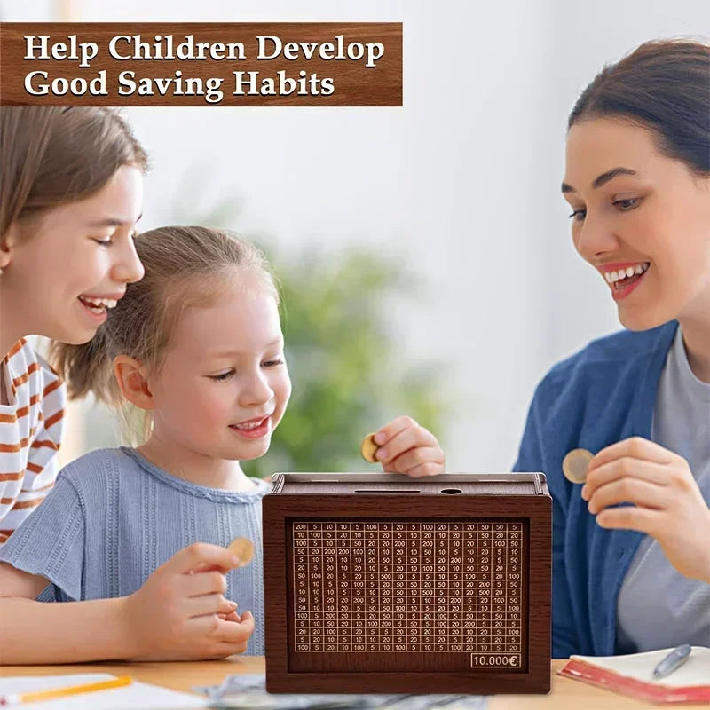 Wooden Money Challenge Box 1,000–10,000€ Piggy Bank – Cash Savings Vault