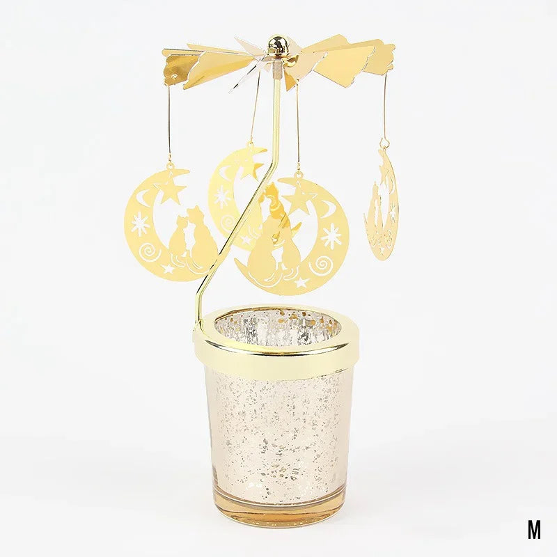 Rotating Tea Light Candle Holder Carousel Stand 6.7x3.1in (17x8cm) Metal Spinning Candlestick Gold Silver Home Party Christmas Decor Gift